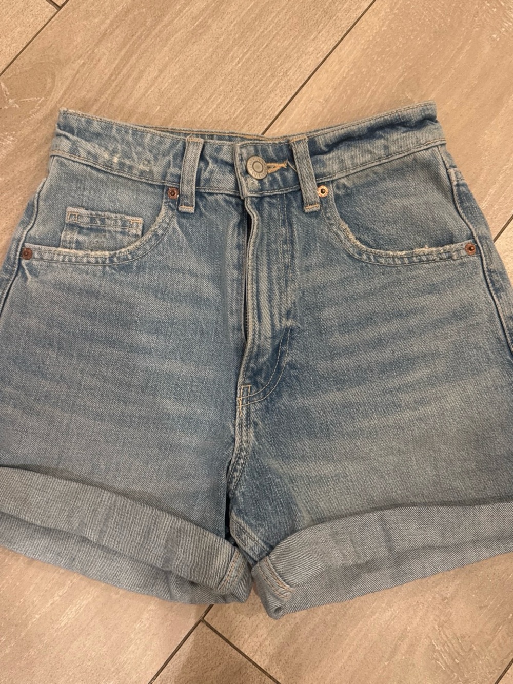Zara Light Blue High-Rise Cuffed Denim Shorts
